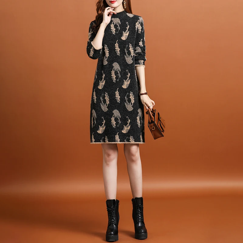

Fashionable Wool Knitted Dress Women's 2022 Autumn Winter Large Relaxed Tight Jacquard Mini Dress Casual Retro Elegant Party Dre