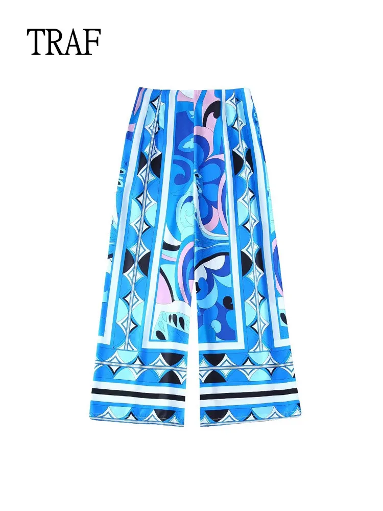 

TRAF Women Print Pants Summer Vintage High-Waisted Wide Leg Pant Woman Clothing Resort Style Loose Female Trouser Suits 2022