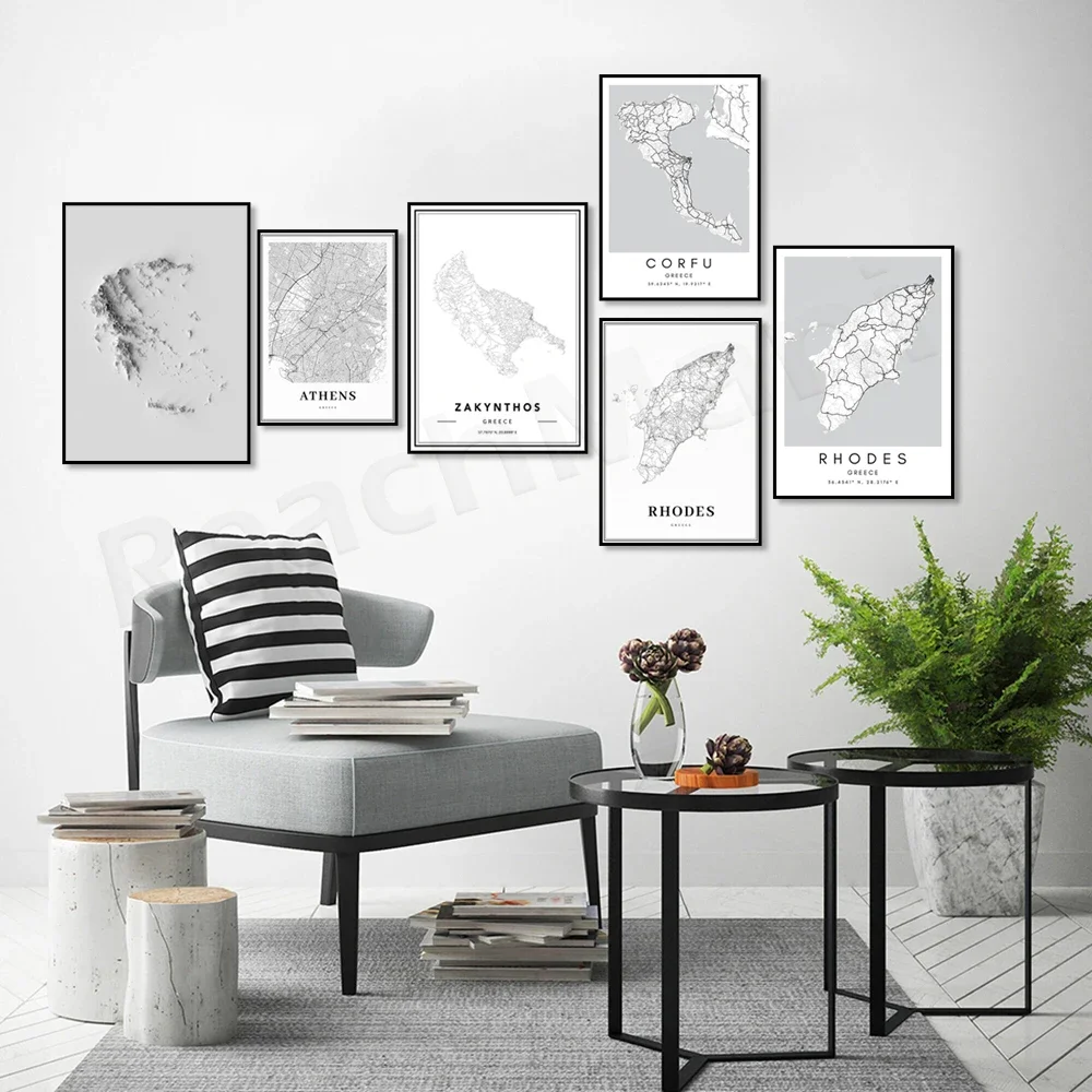 Greece Map Athens Zakynthos Corfu Rhodes Poster City Street Route Print