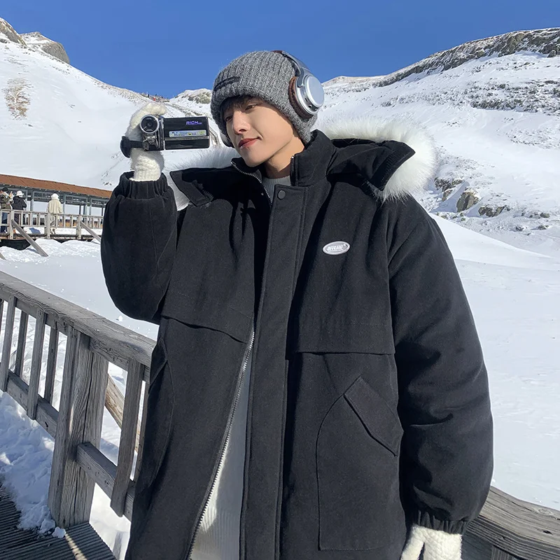 Winter Jacket Men Warm Fashion Fur Collar Hooded Thickened Jacket Men Streetwear Dress Korean Loose Thick Short Coat Mens Parker