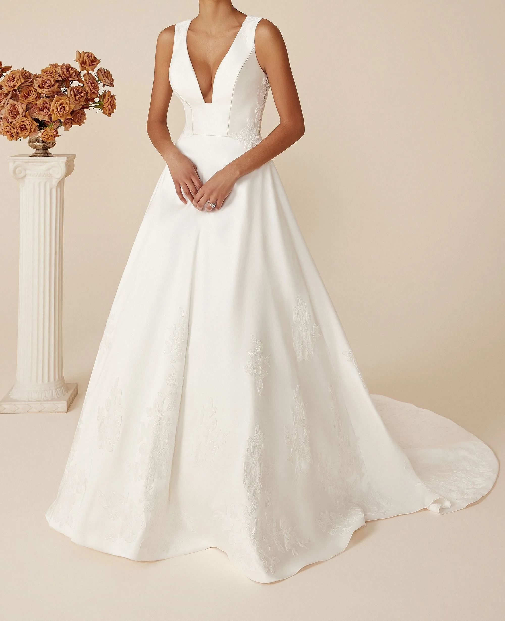 

Четырехсезонное длинное Простое Элегантное Атласное кружевное свадебное платье с V-образным вырезом