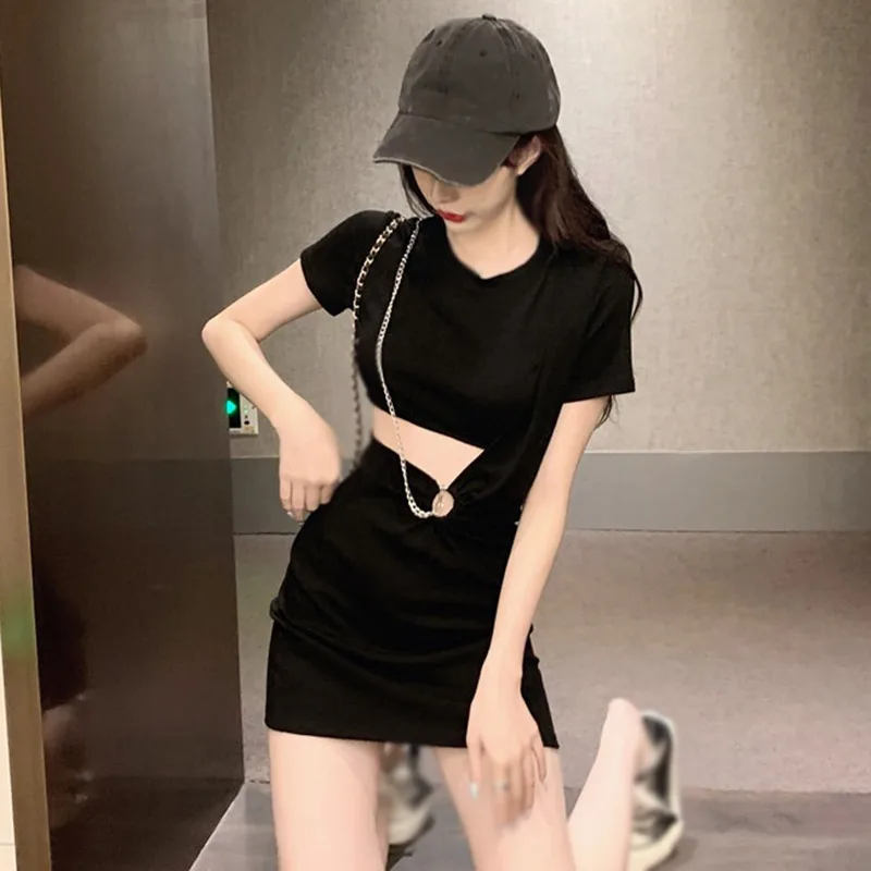 Y2K Женское Облегающее Летнее Платье Черного Цвета Длиной До Колена С Круглым