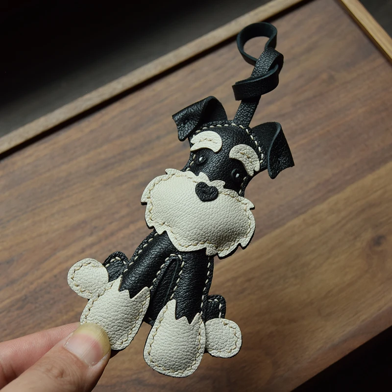 Фото Ручная работа из натуральной кожи, кожа шнауцера, 3D сумка, подвеска, милый брелок для ключей в виде собаки с подарочной коробкой, подарочная упаковка №5