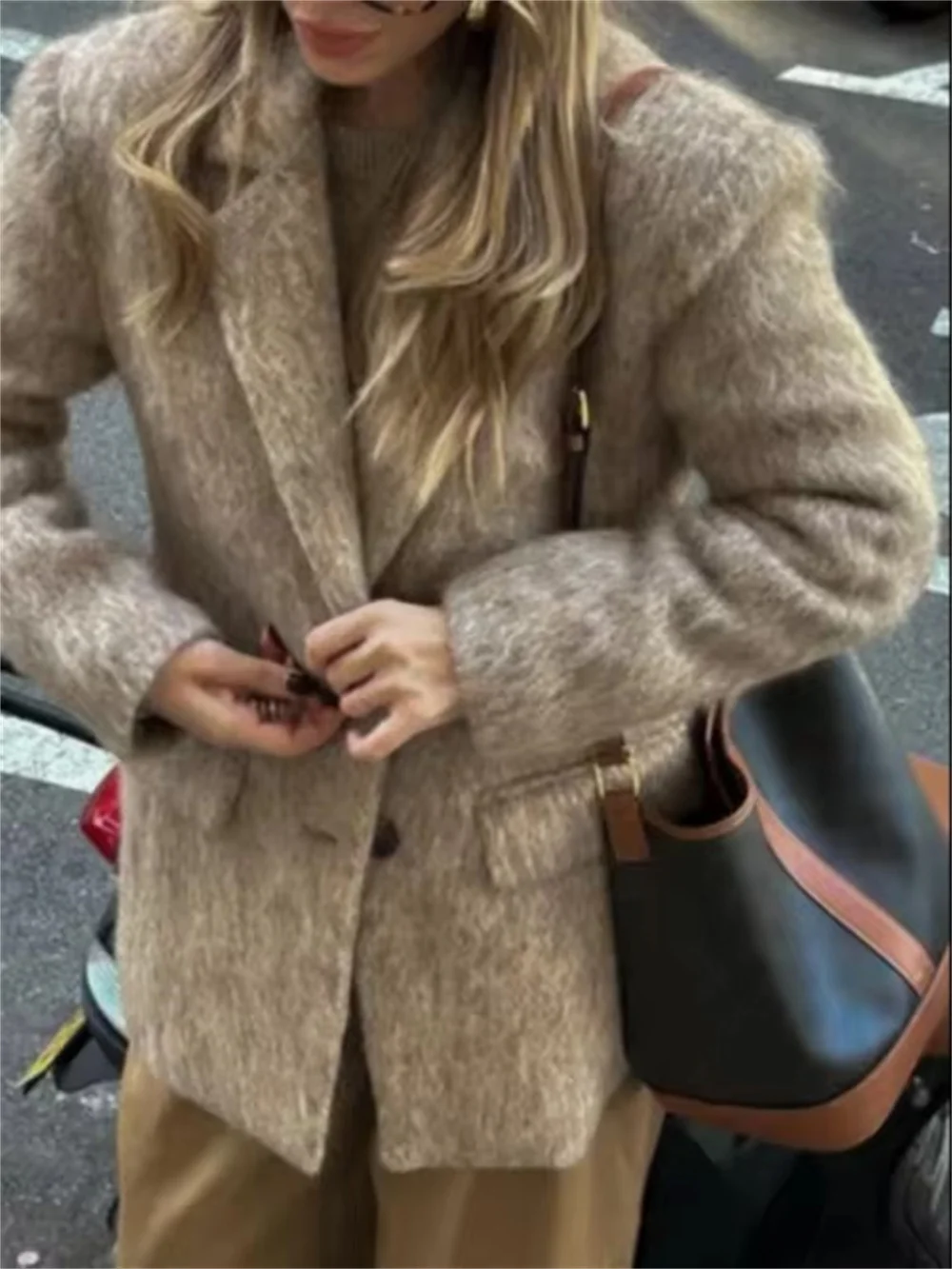 Модный розовый женский пиджак с лацканами и длинными рукавами теплая толстая