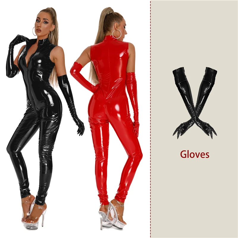 

AIIOU Sexy Lingerie Women PU Leather Jumpsuits Latex Catsuit Wetlook Leotard Full Bodysuit Bodycon Erotic Open Crotch Clubwear