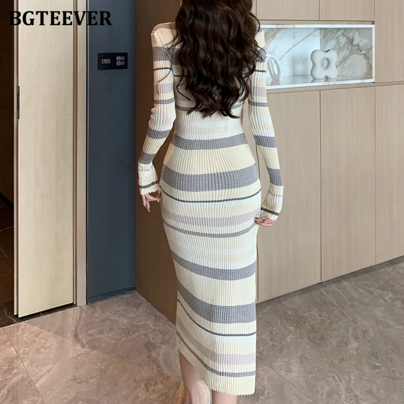 Платье BGTEEVER женское трикотажное в полоску модное элегантное облегающее