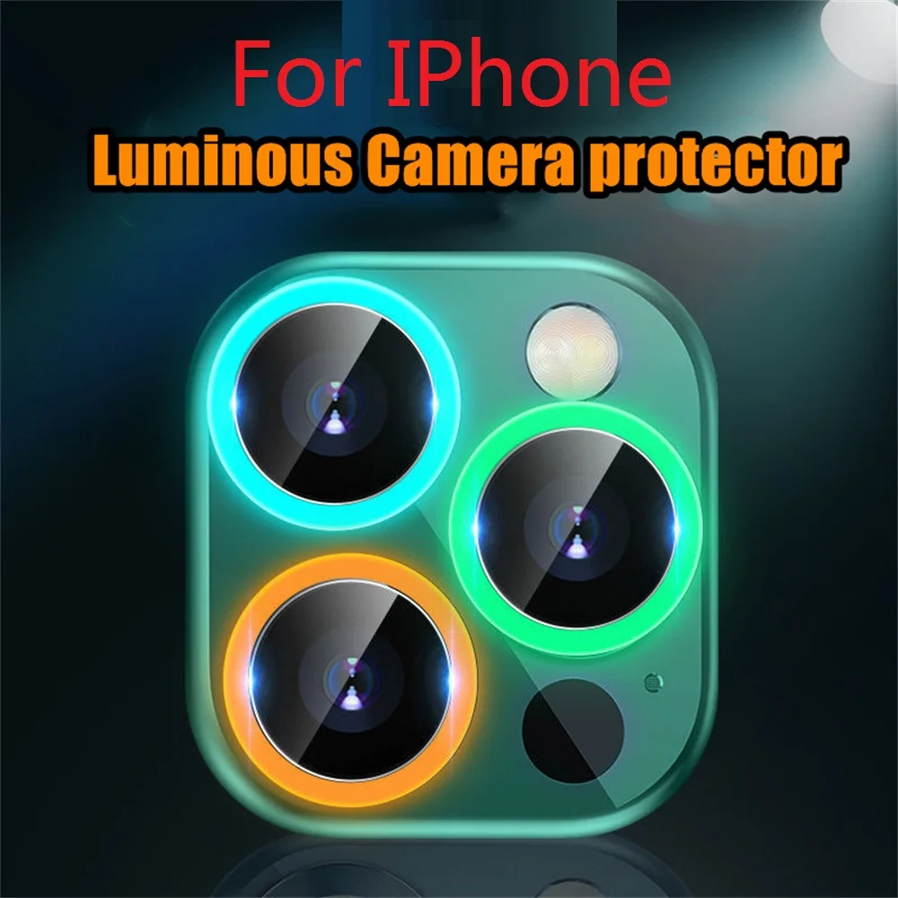 50pcs Luminous Lens Glass Protector For iPhone 14 12 13 Pro Max 12Mini Glowing Camera Glass Metal Ring For iPhone 11 14 Pro Max