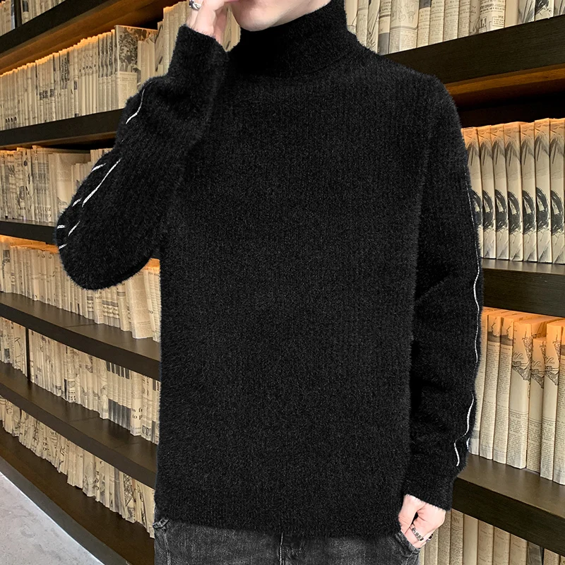 Turtleneck Men's 2023 New Autumn/Winter Thickened Warm Knit Solid Color Sweater Black Winter Base