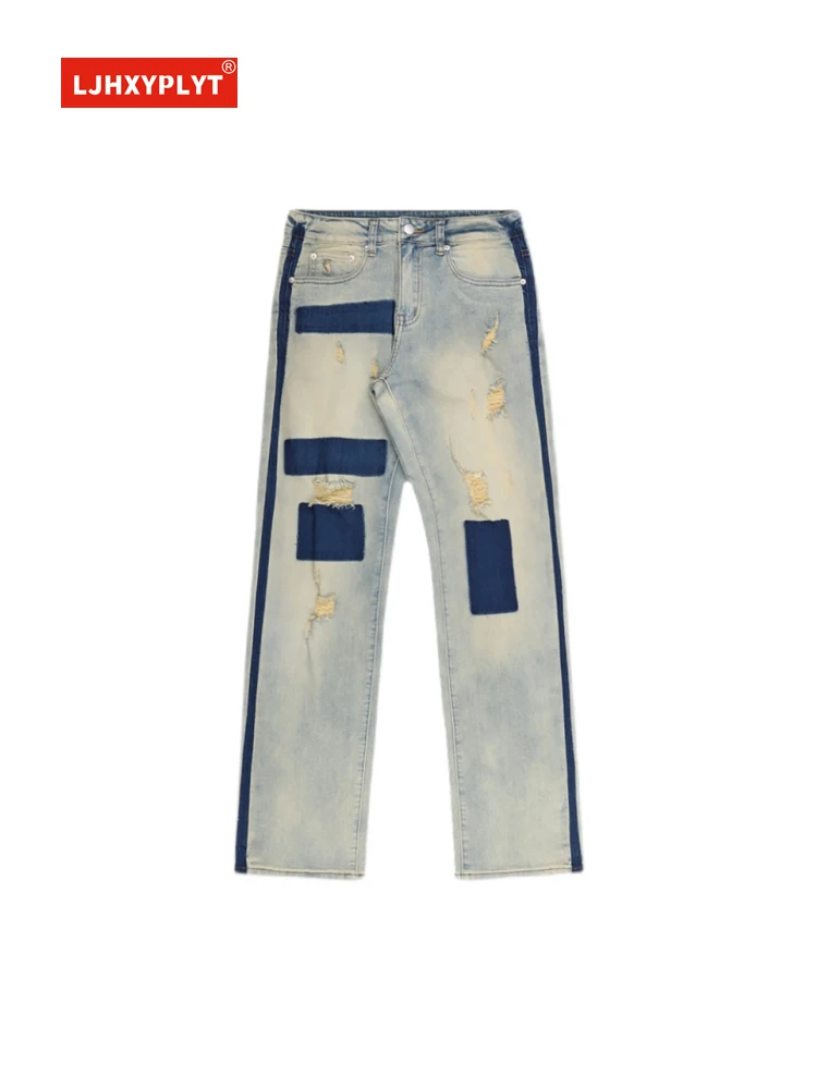 

Retro Washed And Old Ripped Straight Jeans Women's Spring Summer New Partial Color Matching Neutral Denim Trousers Female Pants