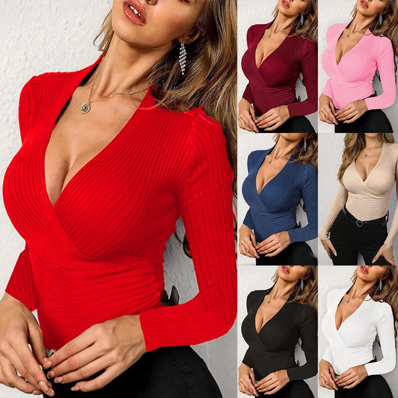 

Knitting Shirt Cross Design Tight Solid Color Women Sexy Backing Knitwear for Outdoor Ladies Female Elegant Casual Office Shirt