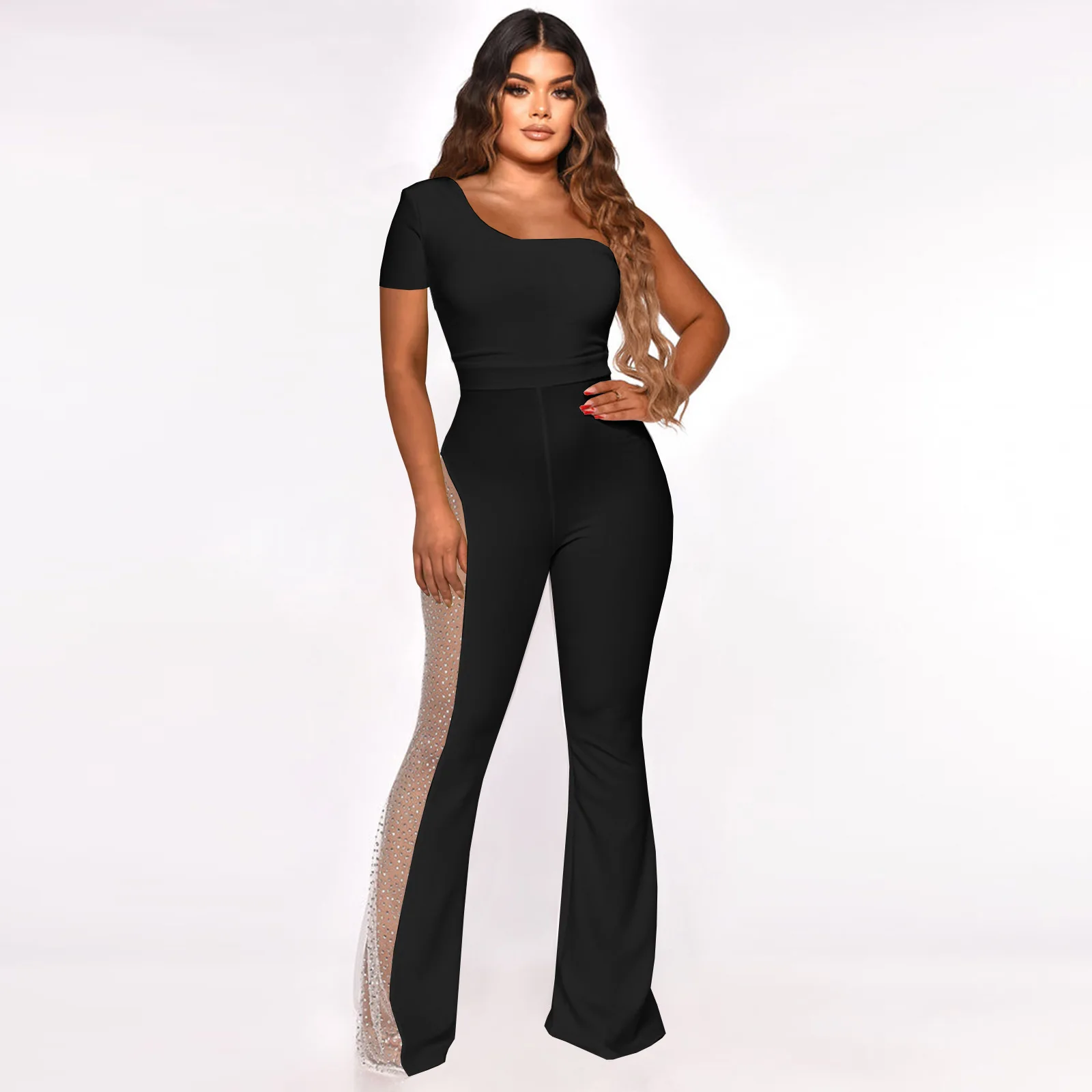 MUDAN Women Short Sleeve One Shoulder Diamonds Mesh Patchwork Straight Wide Leg Jumpsuit 2023 Sexy Playsuit One Piece Set