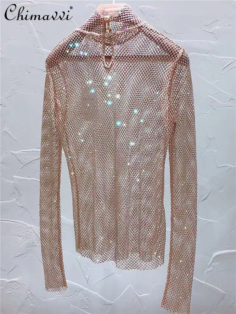 

New Ladies 2022 Spring Fall Fashion Sexy Mesh Colorful Crystals See-through Shirt Women's Elegant Simple Bling Shiny Blouses Top