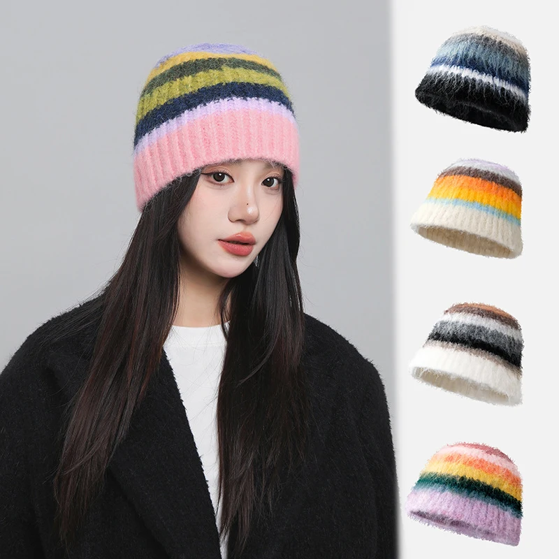 Модные осенне-зимние шерстяные вязаные шапки в градиентную полоску для женщин