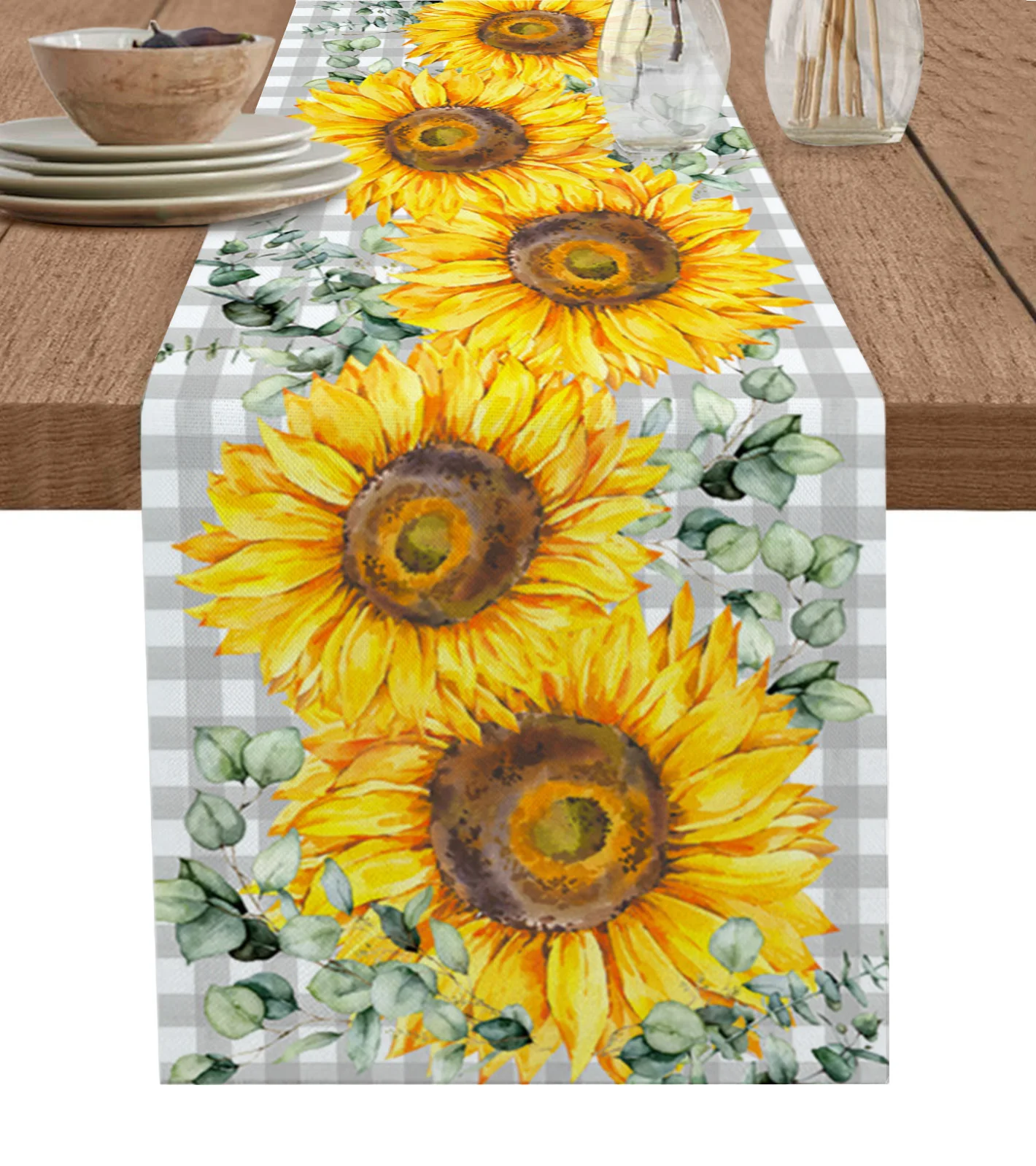 

Grey Checkered Sunflower Watercolor Table Runner Cotton Linen Wedding Dinner Decor Table Flag Holiday Home Tea Table Decoration