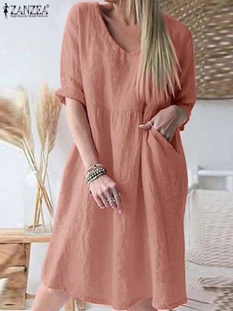 

Лето 2022, элегантный Однотонный сарафан ZANZEA, женское Повседневное платье с V-образным вырезом и рукавом до локтя, женское хлопковое платье, ка...