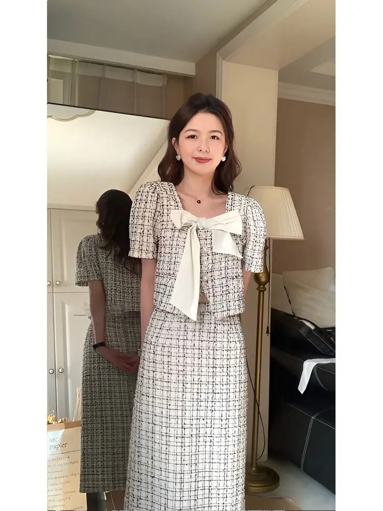 

Summer Elegant Houndstooth Women Skirt Sets Retro Office Lady Outifits Bowtie Crop Top Skirts Set Korean Fashion Hepburn Suit