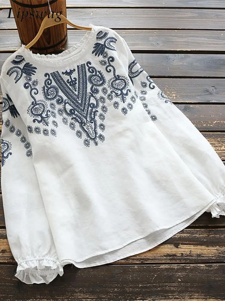 

Spring Autumn Women Loose Tops Pullovers Female Vintage Pattern Embroidery Blouses Casual O Neck Long Sleeve Ruffle Shirt Blusas