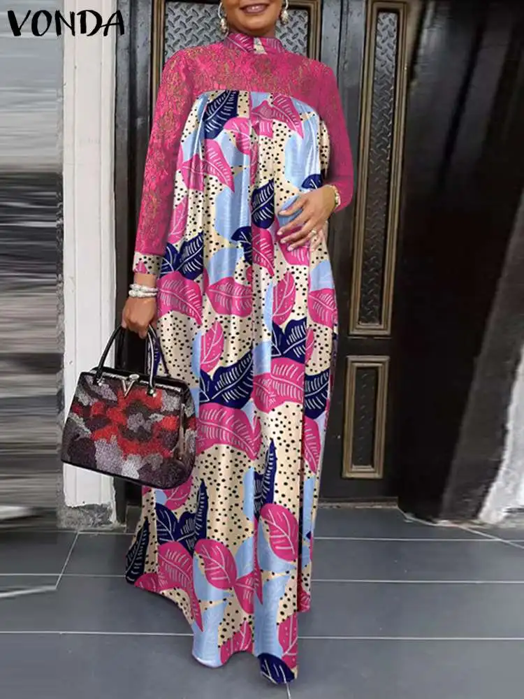 

Spring Long Sleeve Lace Dress 2022 VONDA Women Vintage Patchwork Party Maxi Dress Elegant Printed Maxi Sundress Femininas