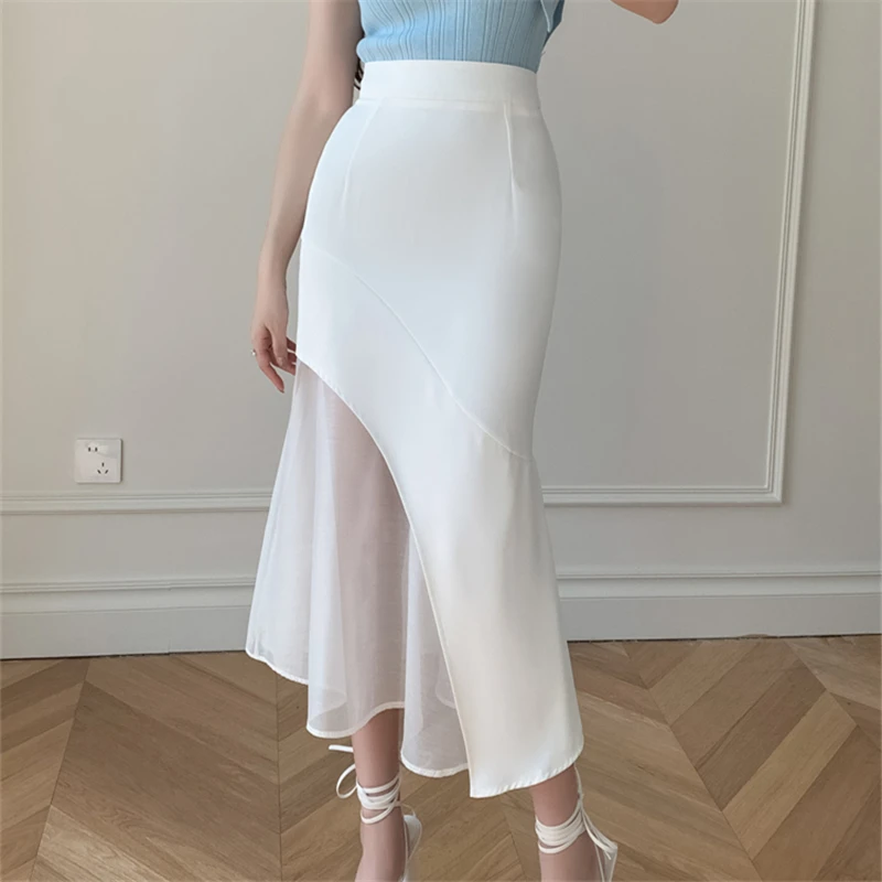

High Waist Elegant Mesh Patchwork Women's Wrap Skirts 2023 New Spring Summer Ruffles Korean White Office Midi Skirts Ladies