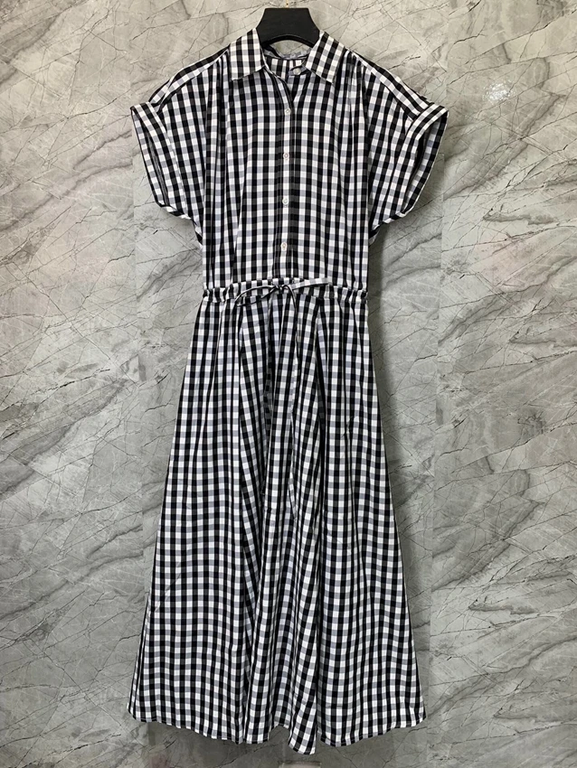 2023 new women fashion short sleeve lapel black and white plaid drawstring slim shirt skirt long dress casual dress 0410