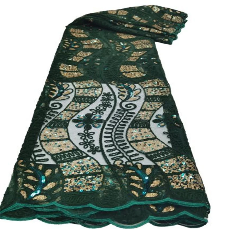 

African Tulle Lace Fabric Embroidered High Quality Nigerian French 3d Sequins Lace Fabric Green For Sew Cloth Party Wedding