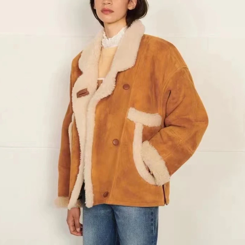 

Lambswool Coat 2022 Spring Woman New Brown Fur One Piece Silhouette Lapel Thick Jacket High Quality Free Shipping France