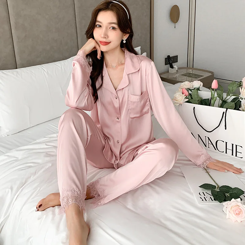 2023 New Ice Silk Women's Pure Color Ice Silk Lace Cuffs Diamond Silk Pajamas Outer Wear Women's Pajamas