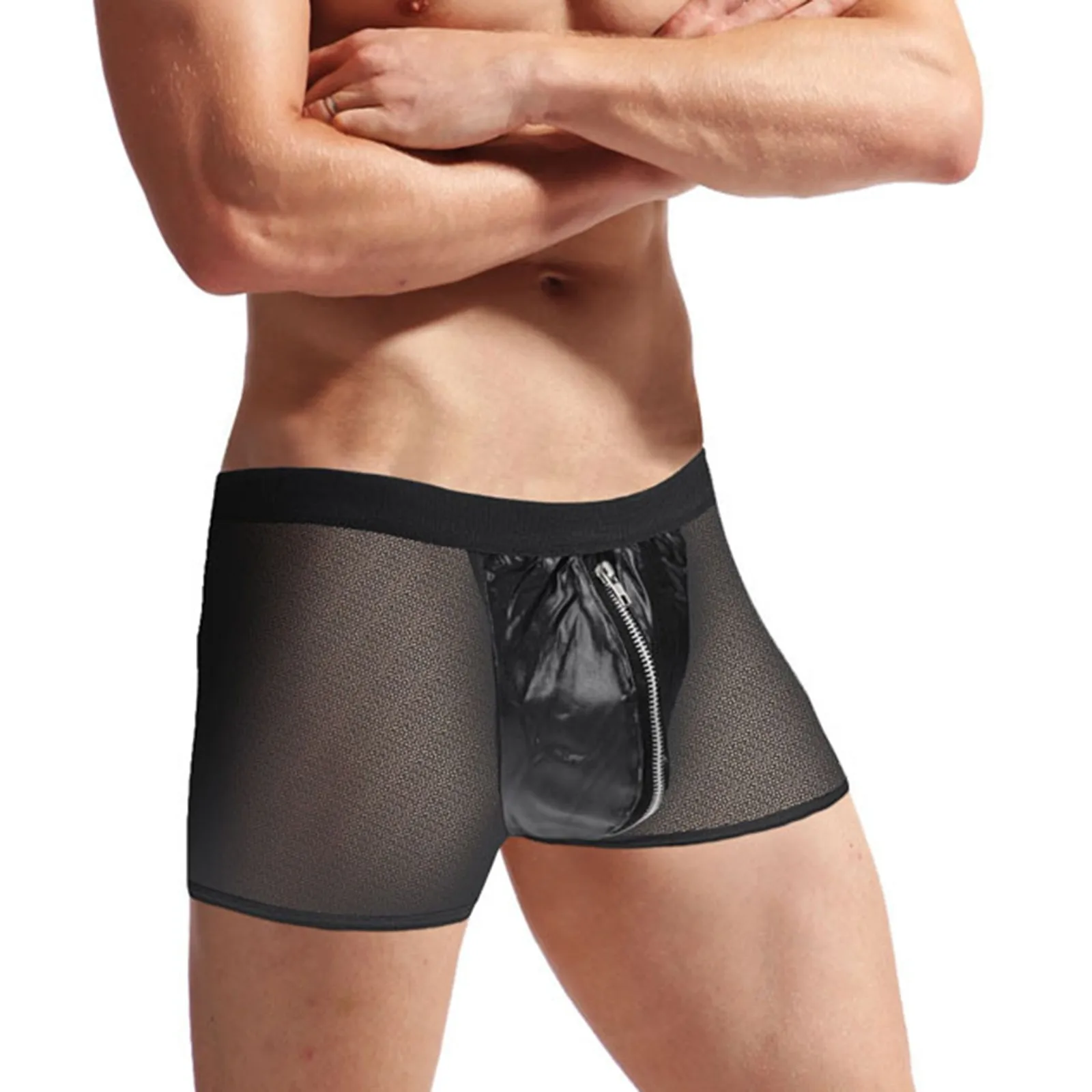 

Sexy Underpants Sheer Thin Mesh Boxers Shorts Men Breathable Transparent PU Leather Zipper Seamless Men's Underwear Convex Pouch