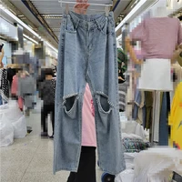 vintage washed jeans womens summer high waist ripped frayed diamond loose wide leg pants female holes casual denim pants femme