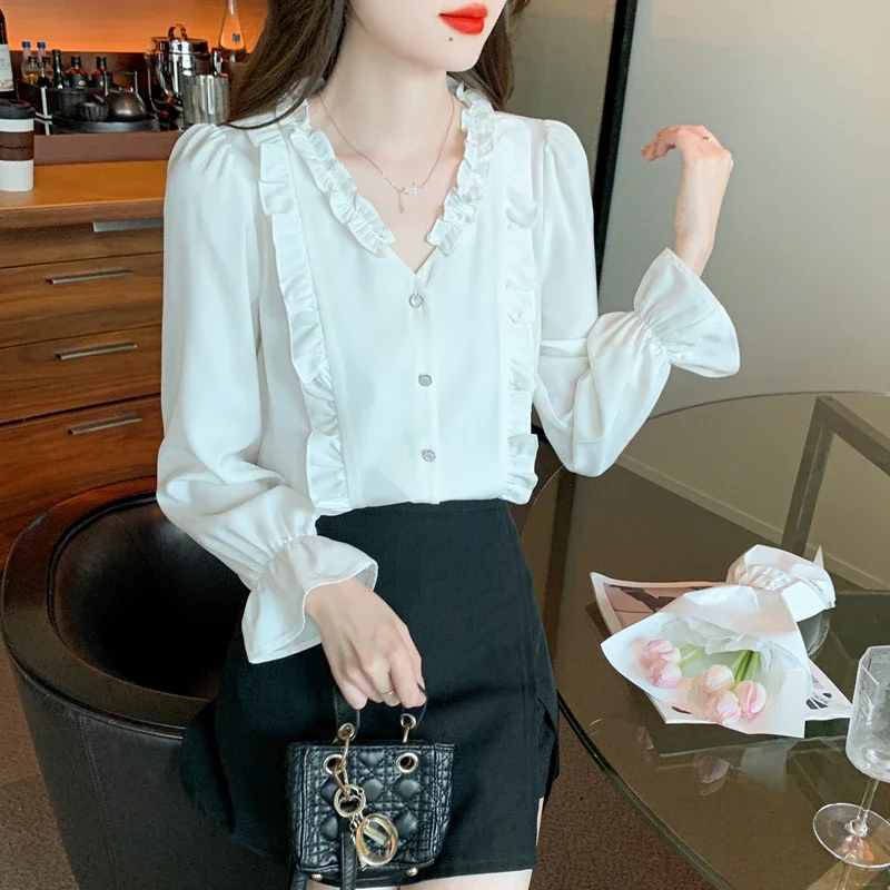 

Chiffon Ruffle Casual Women's Shirt Loose Fashion Solid Blouses Ladies Clothing Full Spring/Summer V-neck Tops YCMYUNYAN