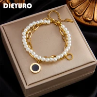 dieyuro 316l stainless steel 2 layer pearl charms bracelet for women fashion roman numeral pendant wrist jewelry gift %d0%b1%d1%80%d0%b0%d1%81%d0%bb%d0%b5%d1%82