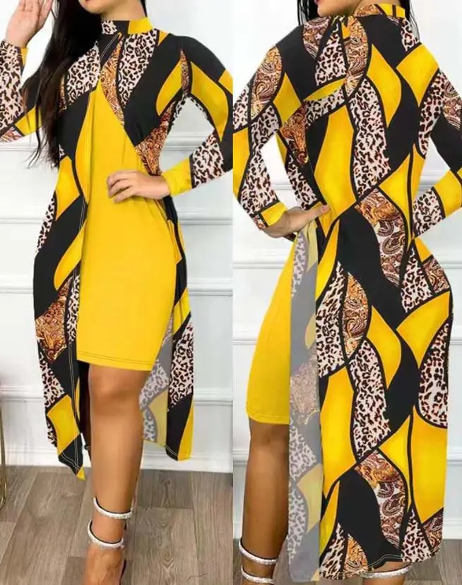 

Spot 2023 Women's Hot Selling Casual Fashion Spring/summer Baroque Leopard Pattern Spliced Slim Fit Dress