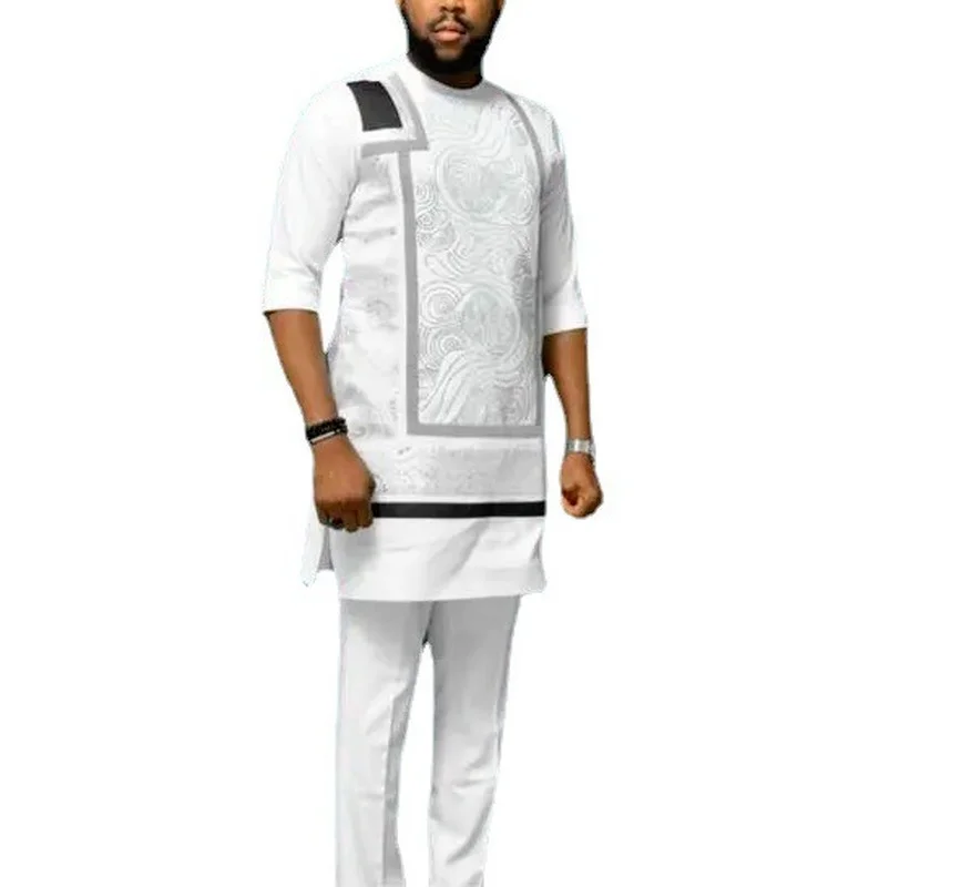 

African style fashion casual polyester cotton print loose round neck three-quarter sleeve shirt with pant men's suit