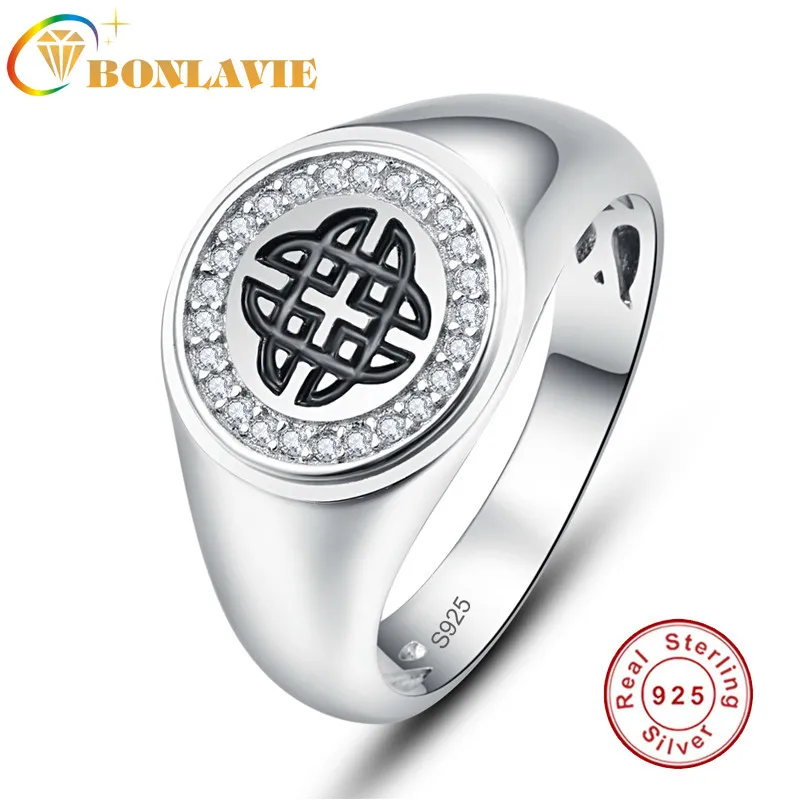 

BONLAVIE 925 Sterling Silver Men's Ring Smooth Round AAA Zircon Crystal Rings Gift Black Eternal Power Knot Ring Jewelry