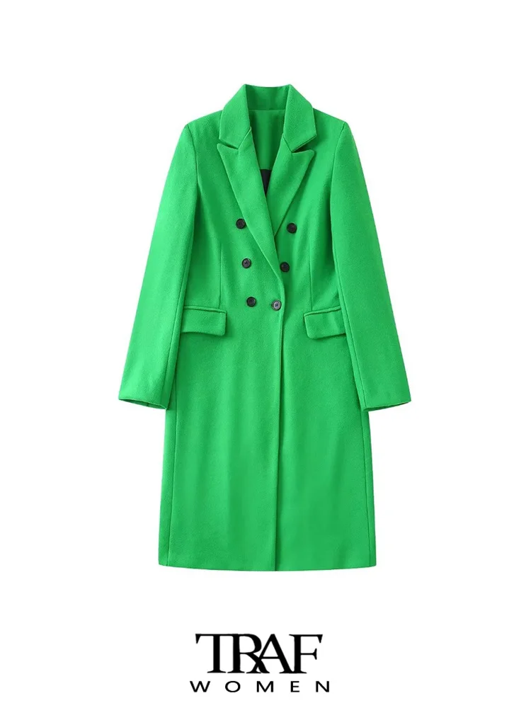 

TRAF Women Fashion Double Breasted Woolen Green Trench Coat Vintage Long Sleeve Flap Pockets Female Outerwear Chic Overcoat
