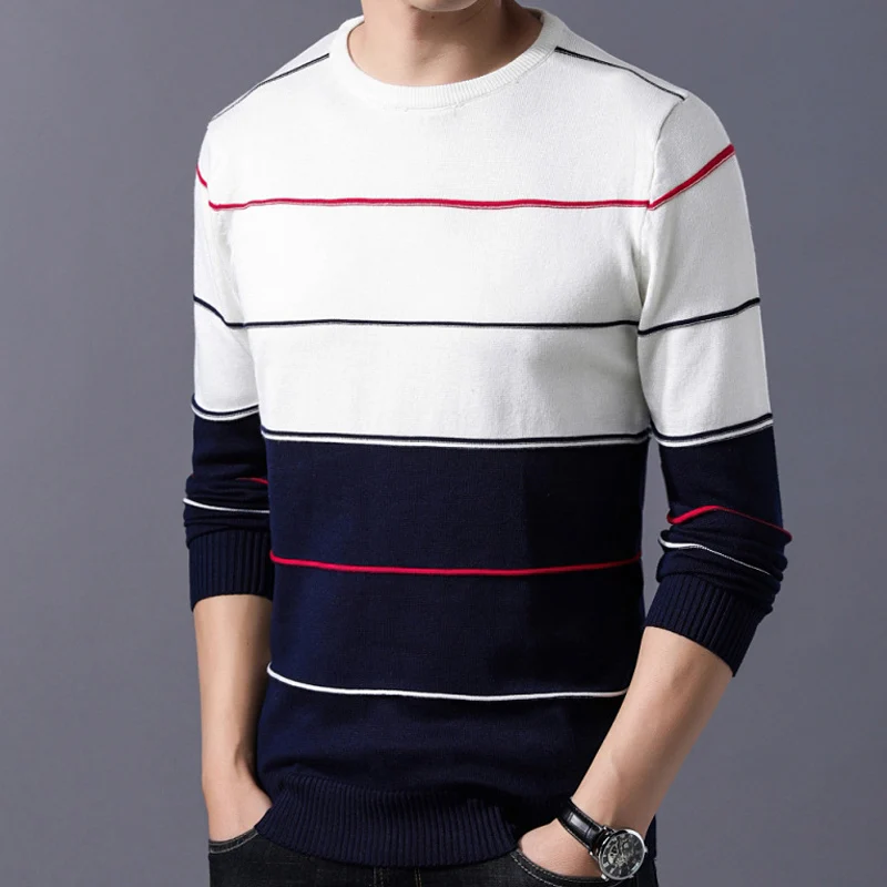 2023 Spring Autumn New Fashion Contrast Color Round Neck Long Sleeve Knitting Pullovers Man Korean Style Casual All-match Tops