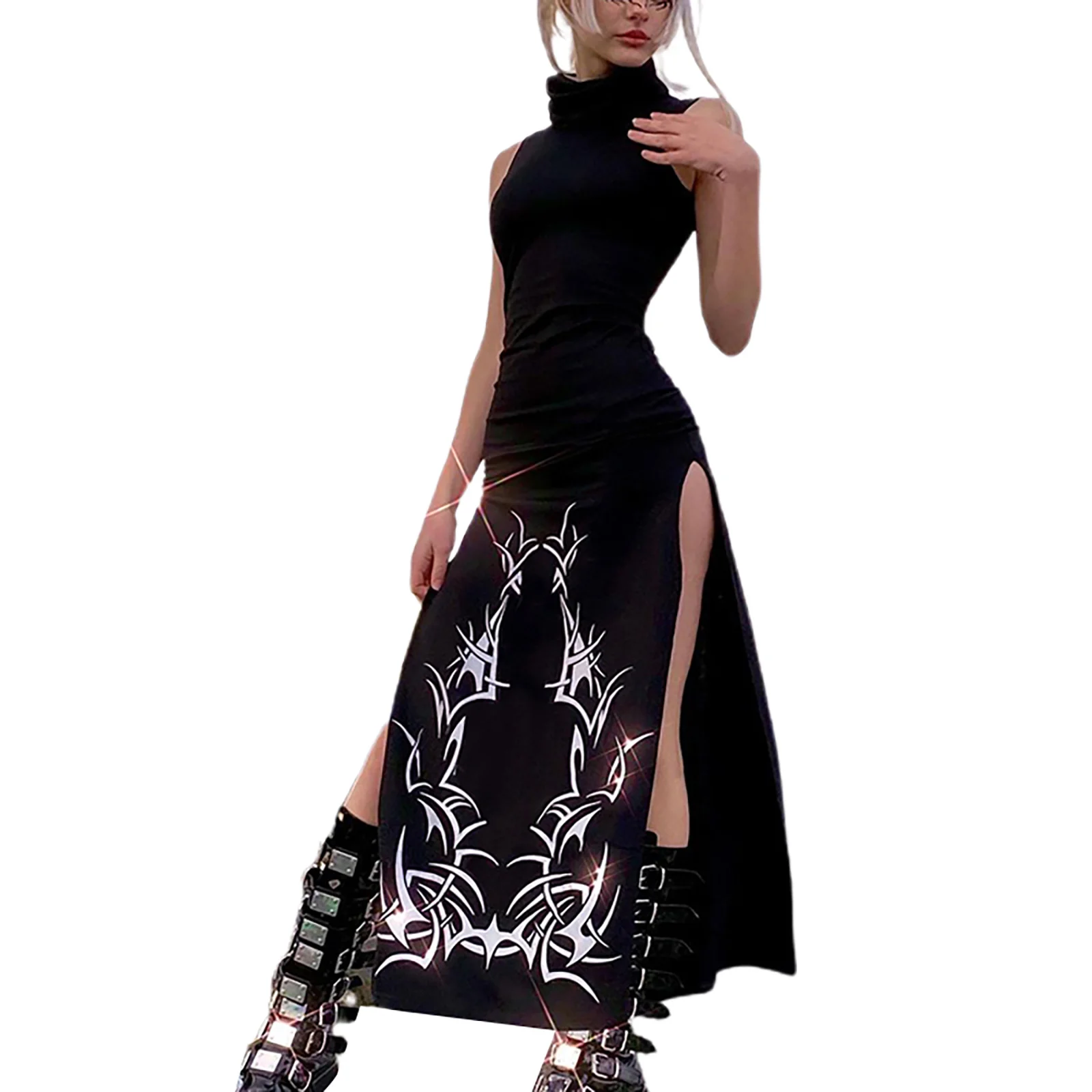 

Spaghetti Strap Dress Hem Slim Waist Slit Irregular Long Dresses Sling Vestido