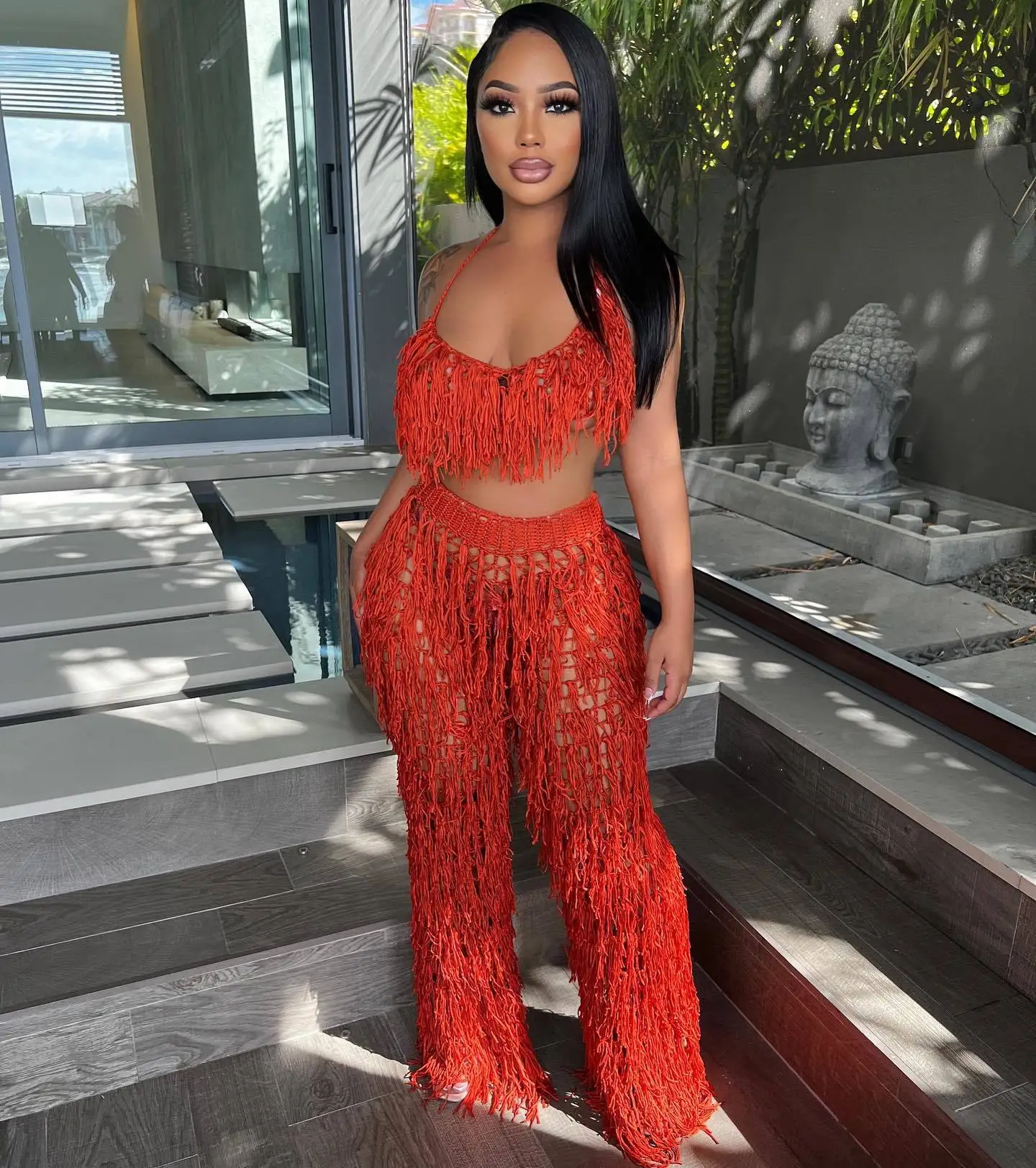 Комплект из 2 предметов вязаный с кисточками топ открытой спиной широкие штаны