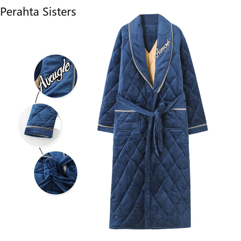 

Super Winter Plus Size Thick Bathrobe Men 3 Layers Quilted Cotton Flannel Robe Male Simple Loose Warm Dressing Gown L-XXXL