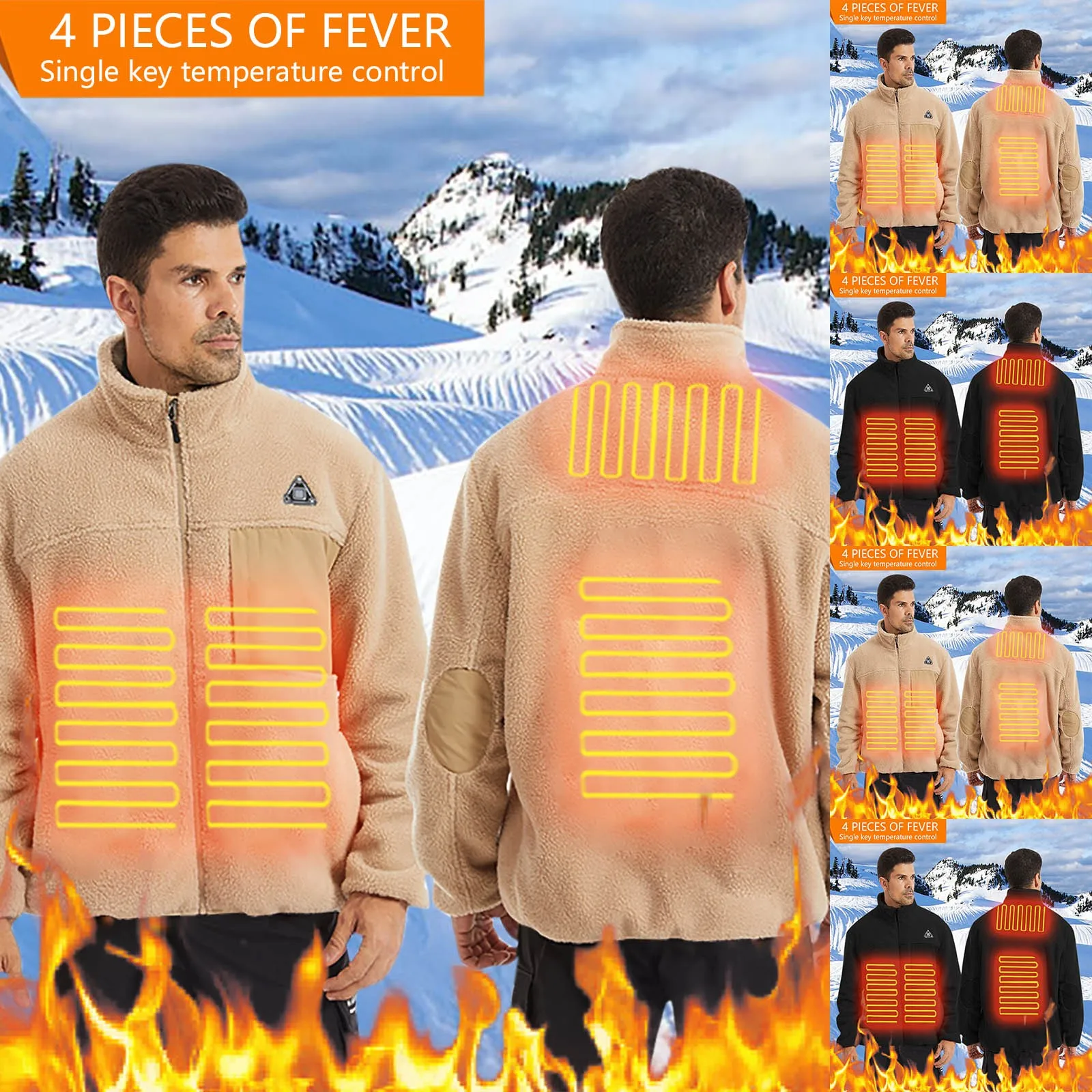 Мужская однотонная теплая флисовая куртка с подогревом и воротником-стойкой на