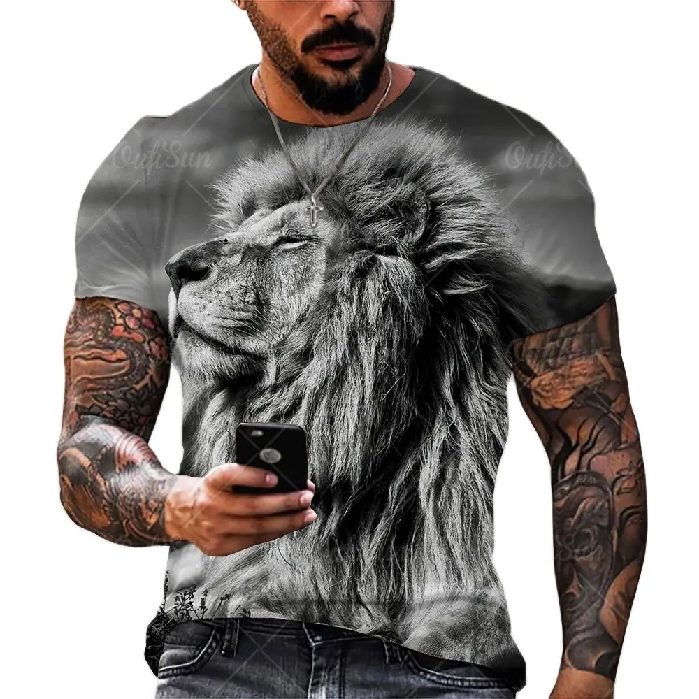 

Trend Summer Men's Shirt 3D Print Side Head Lion Pattern Oversized T-shirt Casual Round Neck Short Sleeve T-shirts Men's Clothes