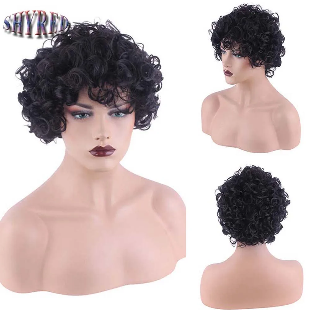 

Short Ombre Black Synthetic Pixie Cut Wigs Nature Curly Wave Layered Wig With Fluffy Bangs For Women Heat Resistant Hair Wig