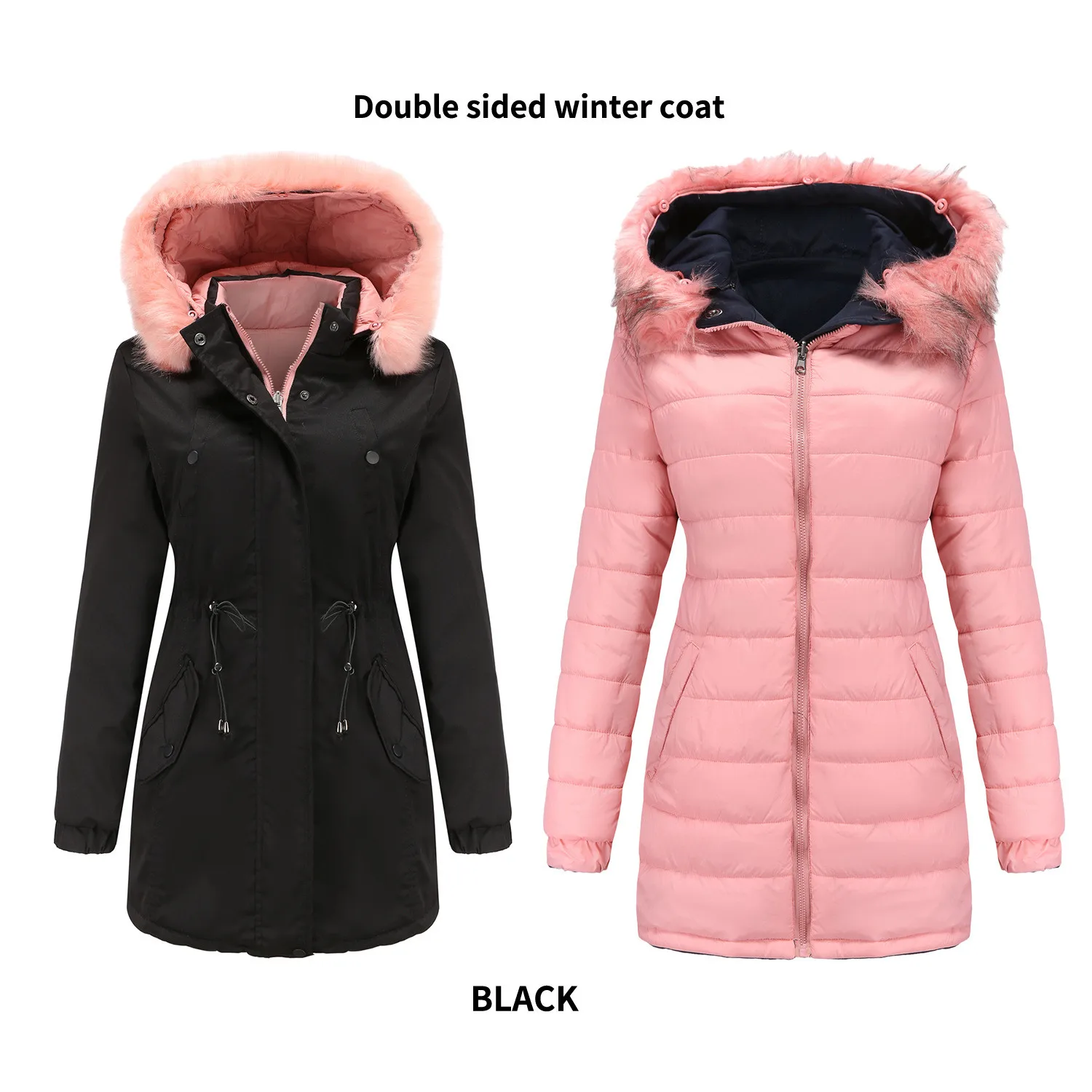 Double-sided Wear Winter Coat Women's Parka Coat Detachable Plush Pluffy Collar Hat Hooded Warm Quilted Coat Jacket Outerwear