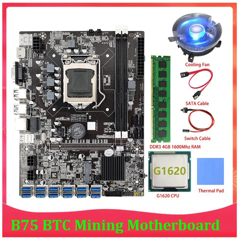 

B75 BTC Mining Motherboard 12 PCIE To USB LGA1155 DDR3 4GB 1600Mhz RAM+G1620 CPU+SATA Cable B75 ETH Miner Mining