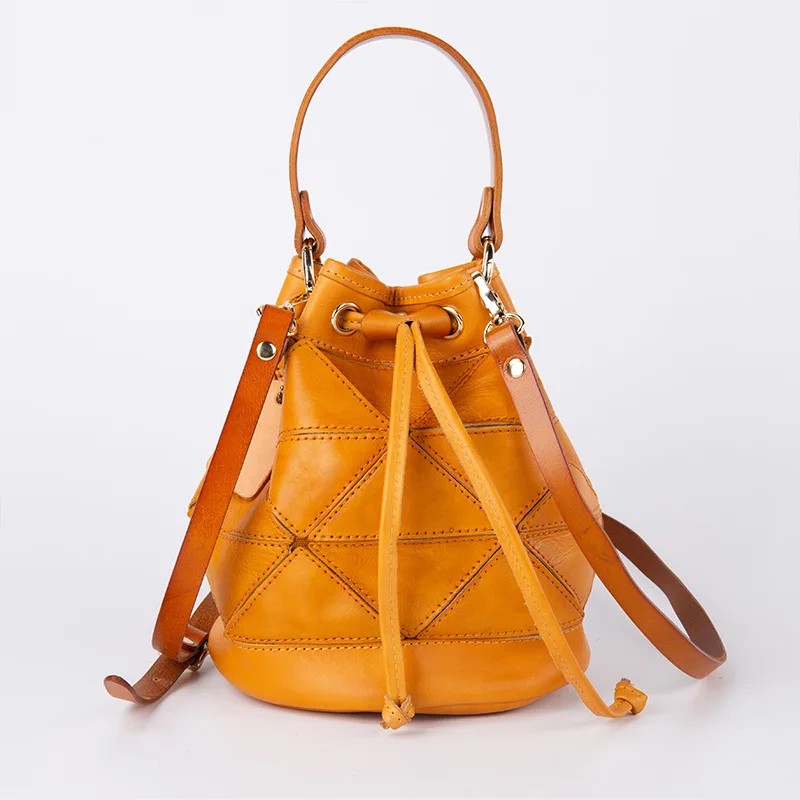 

Ladies retro fashion leather water bottle bag geometric stitching twill women's bag literary handbag shoulder bag bucket bag