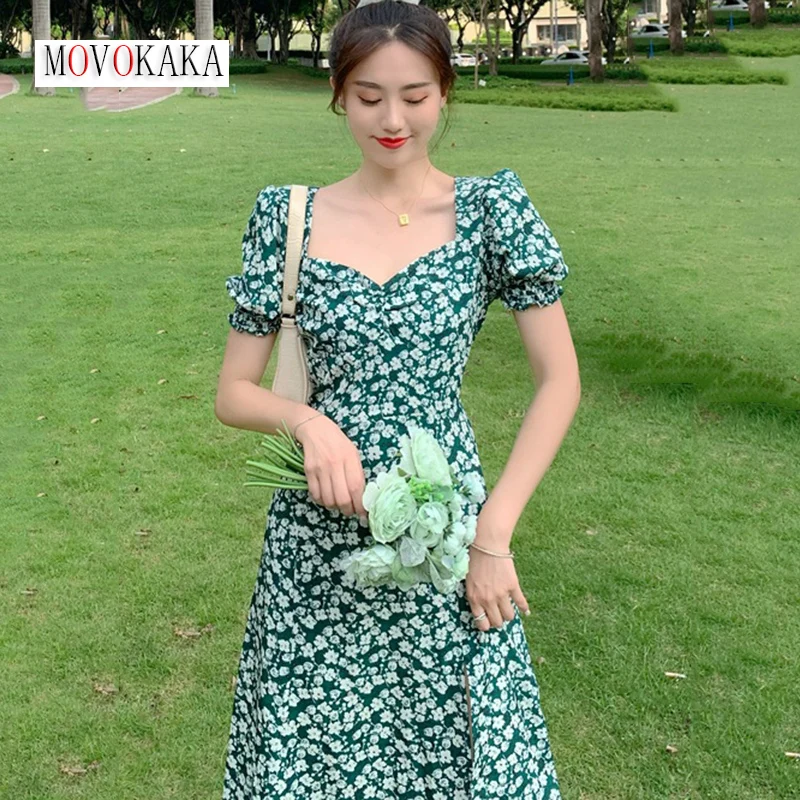 

MOVOKAKA Summer Woman Green Sexy Split Long Dress Casual Beach Elegant Party Vestidos Florals Print Short Sleeve Vintage Dresses