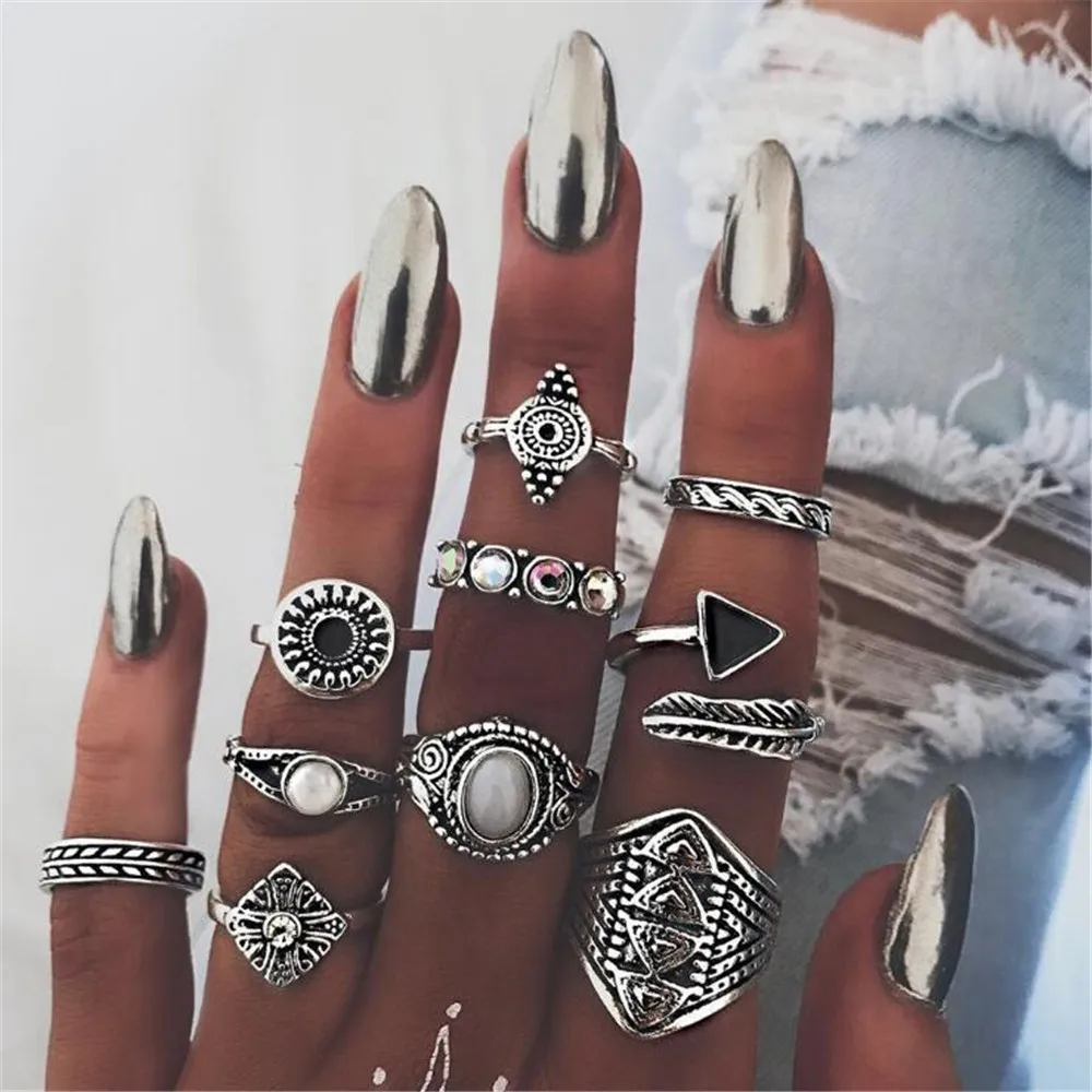 1 Boho Triangle Midi Finger Ring Set Vintage Punk Carved Knuckle Lotus Rings for Women Anillos Party Jewelry  - buy with discount