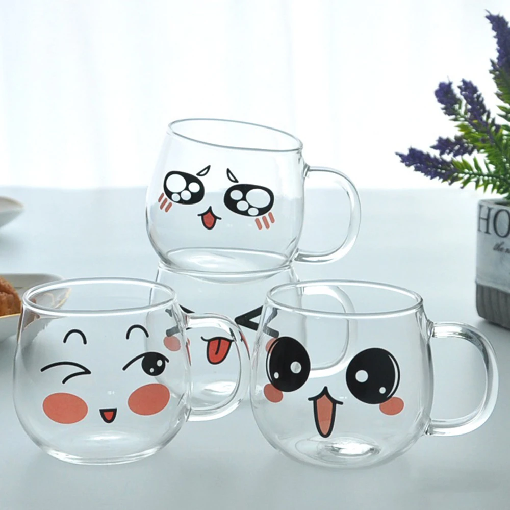 

200ml Cartoon Glass Mug Cute Expression Coffee Mug Yogurt Tea Milk Lemon Juice Coffee Water Cup Heat Resistant Household Cups