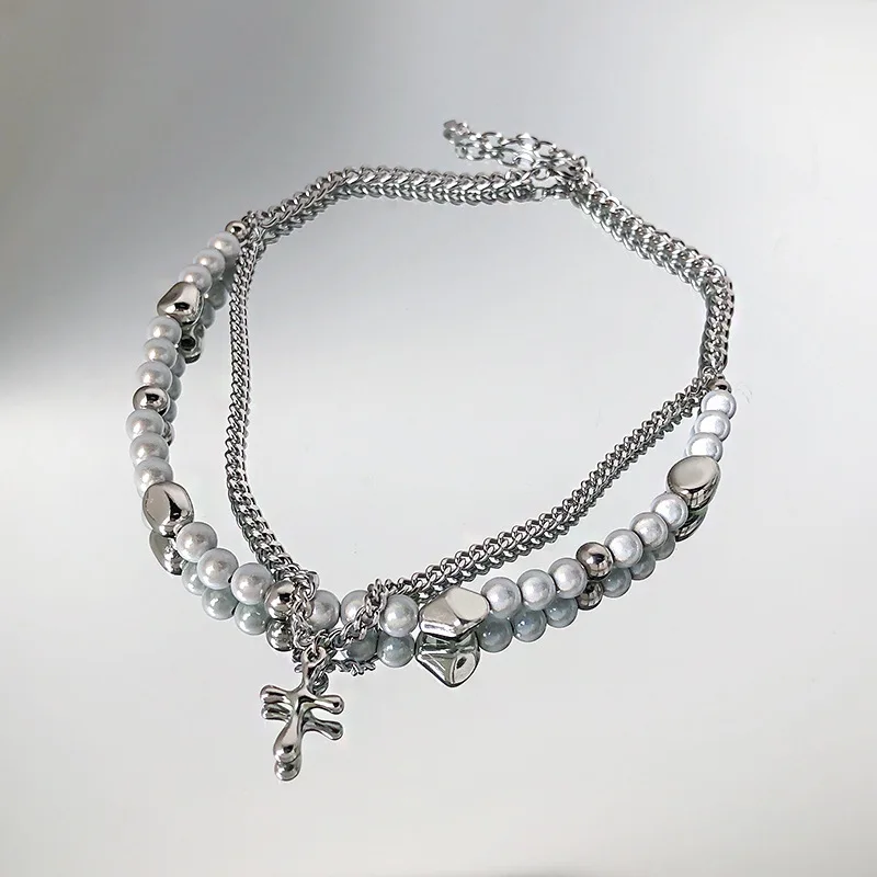 

2022 Double Layered Reflective Pearl Cross Necklace For Women's Temperament Light Luxury Niche Titanium Steel Hip Hop Bracelet