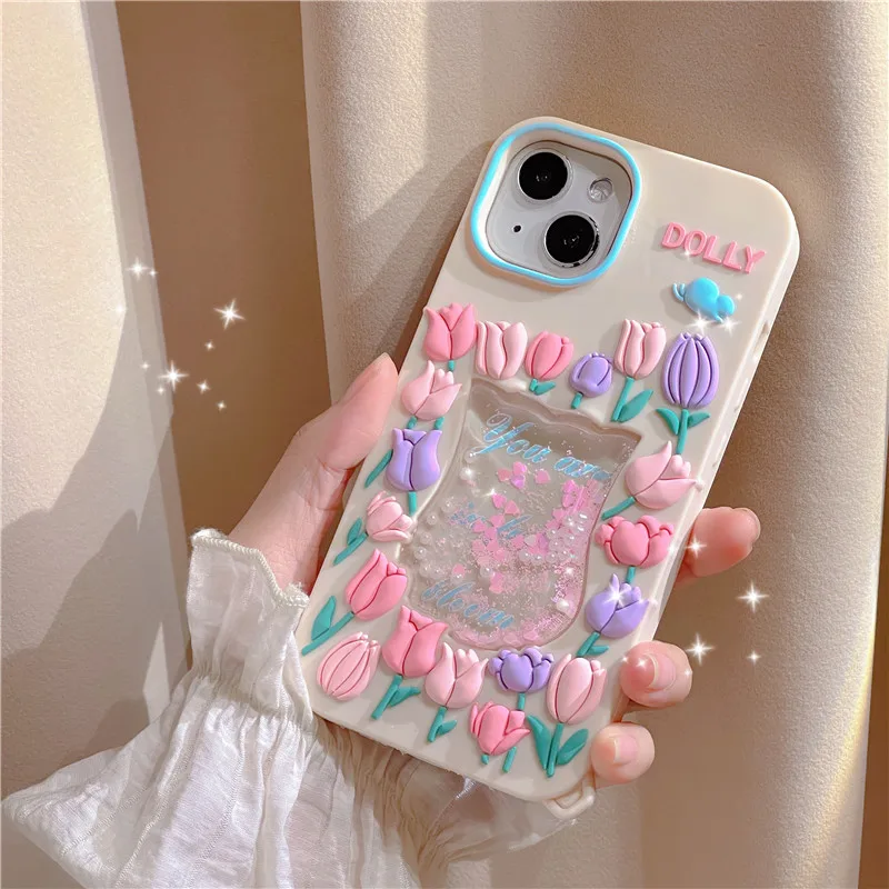 

luxury Glitter Quicksand Floral Phone Case For iphone 13 12 11 Pro XS Max XR X SE2 6S 6 7 8 Plus flowers With Lanyard Pearl girl